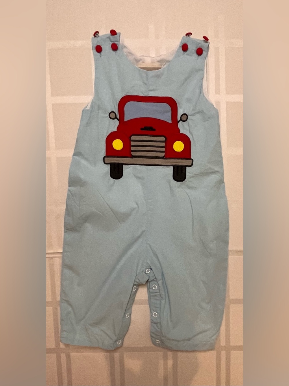 Cactus Light Blue Boys Romper with Red Truck Applique 6-12 months Cotton